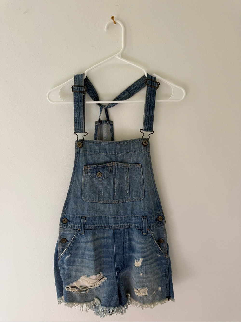 Abercrombie & Fitch Denim Distressed Short Overalls - Blue
